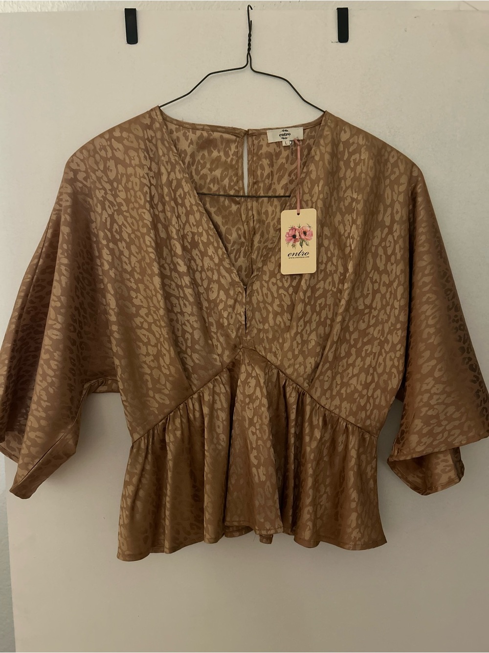 entro Satin Animal-Print Peplum Blouse in Tan